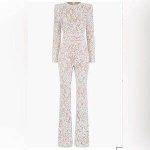 Elegant Lace Jumpsuit in White and Tan